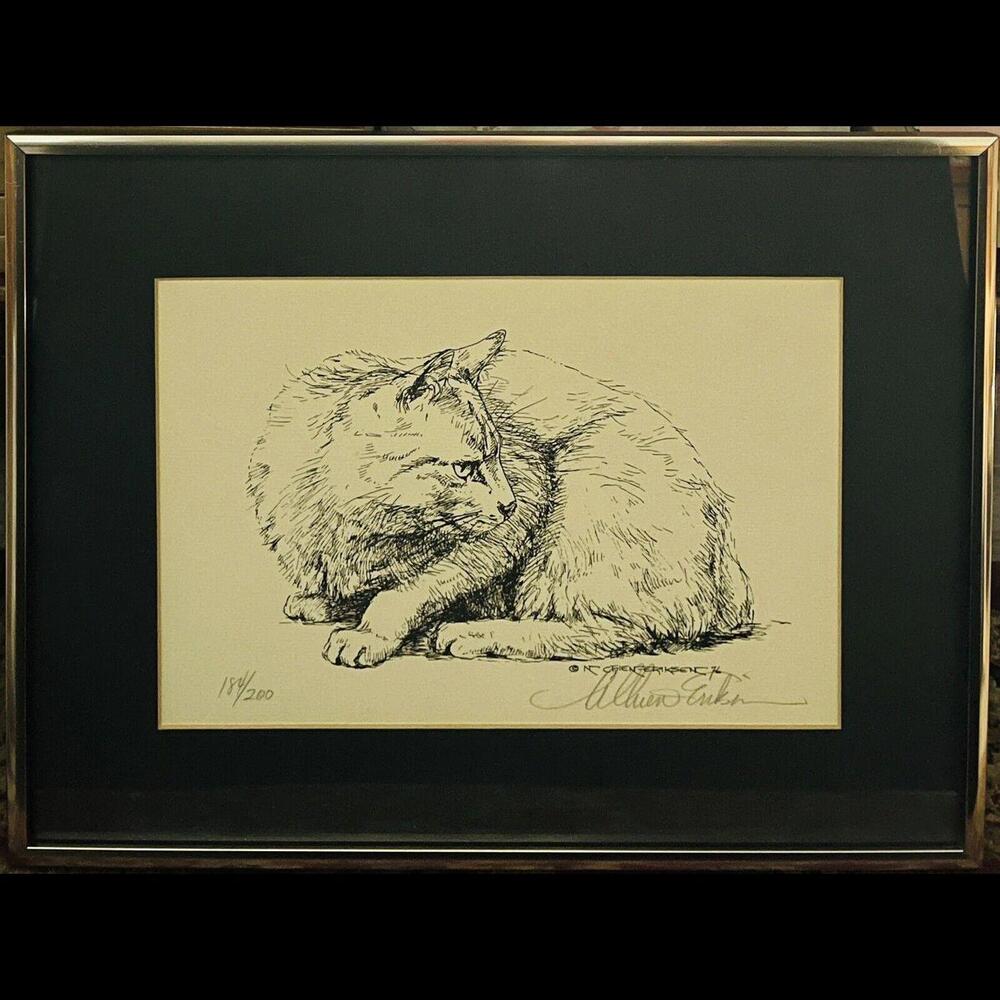Vintage Cat LithographNancy Chien Eriksen Signed 184/200 Framed 16x12 inches